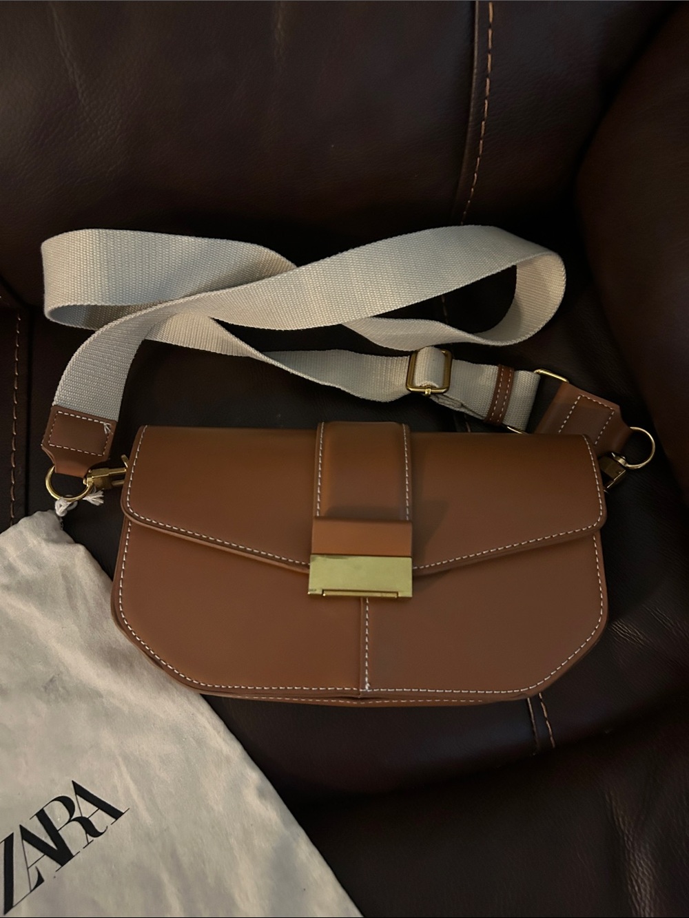 Zara Brown Leather Crossbody with Cream Contrast Strap